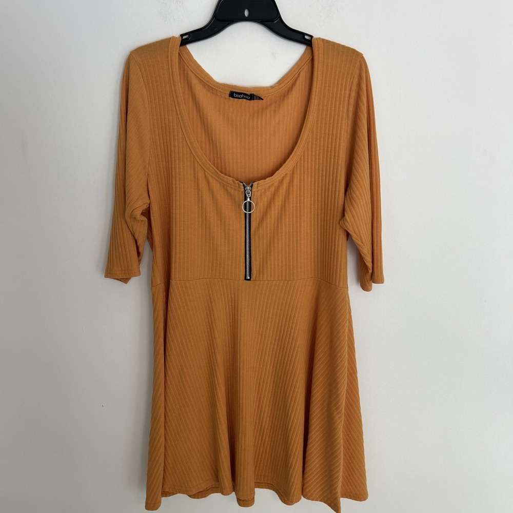 Boohoo Women's Sz 16 3/4 Sleeve Front Zipper Flare Casual Golden Summer Dress